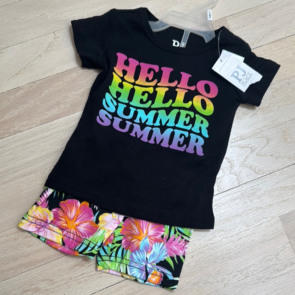 Black Hello Summer T-Shirt and Floral Shorts Set
